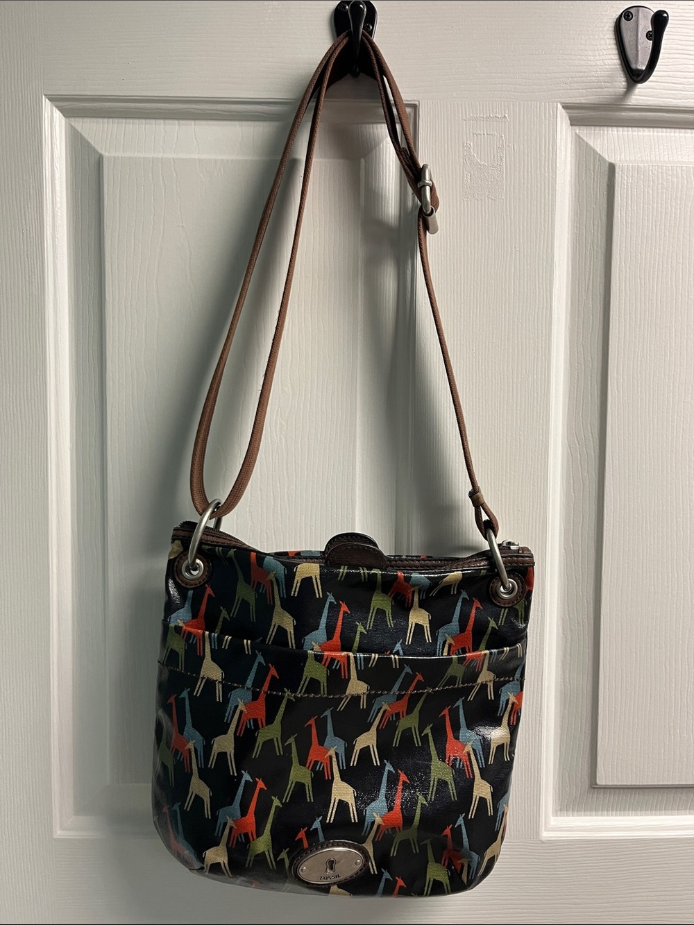 Fossil Crossbody Bag with Multicolor Giraffe Print on Black
